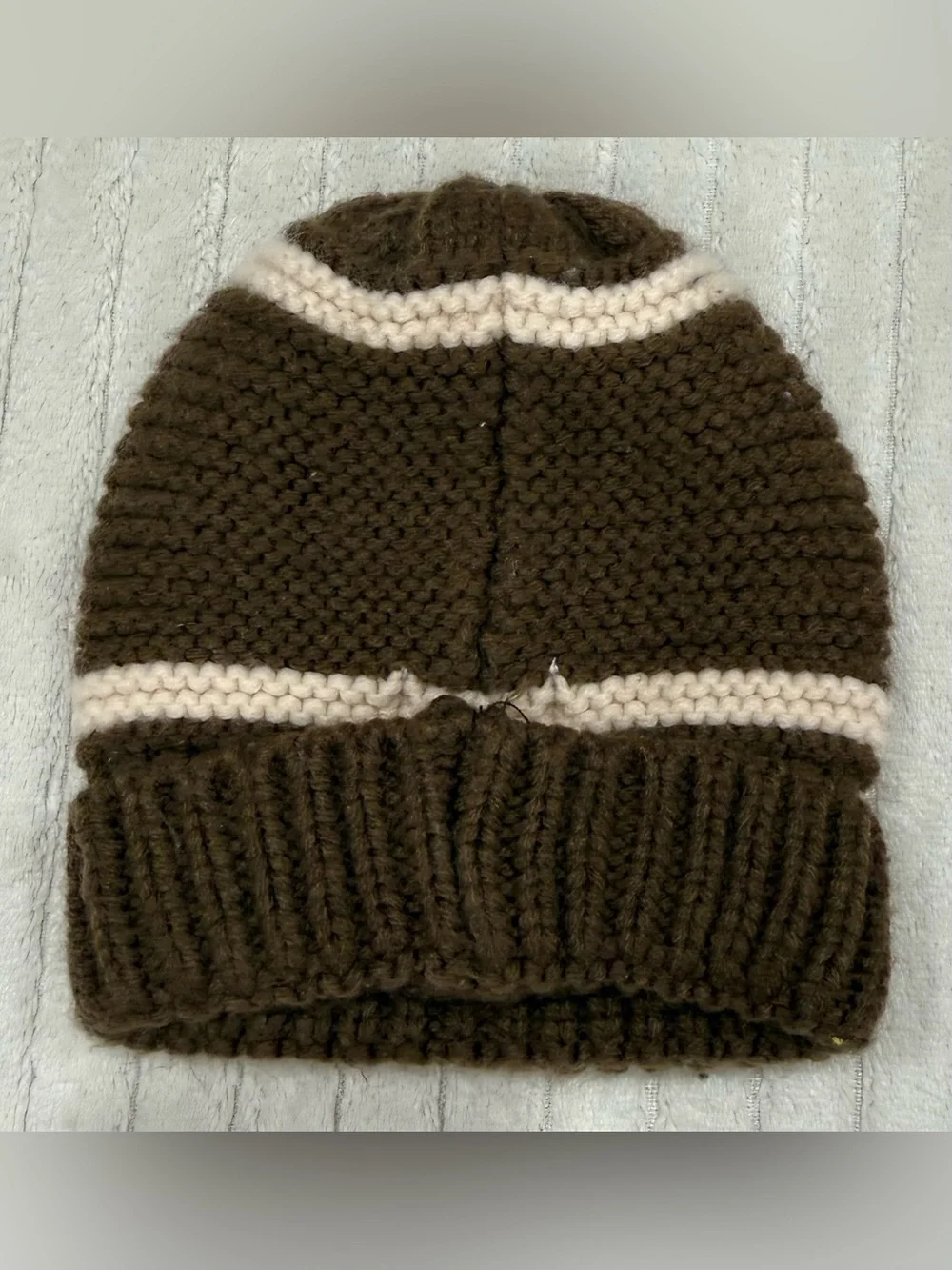 Mudpie Brown Knit Football Beanie with Cream Stripe and Stitch Detail size